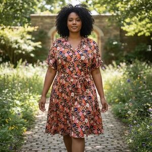 Eva Rose Pink Multicolored Floral Cotton Short Sleeve Belted A-Line Dress SZ 3X